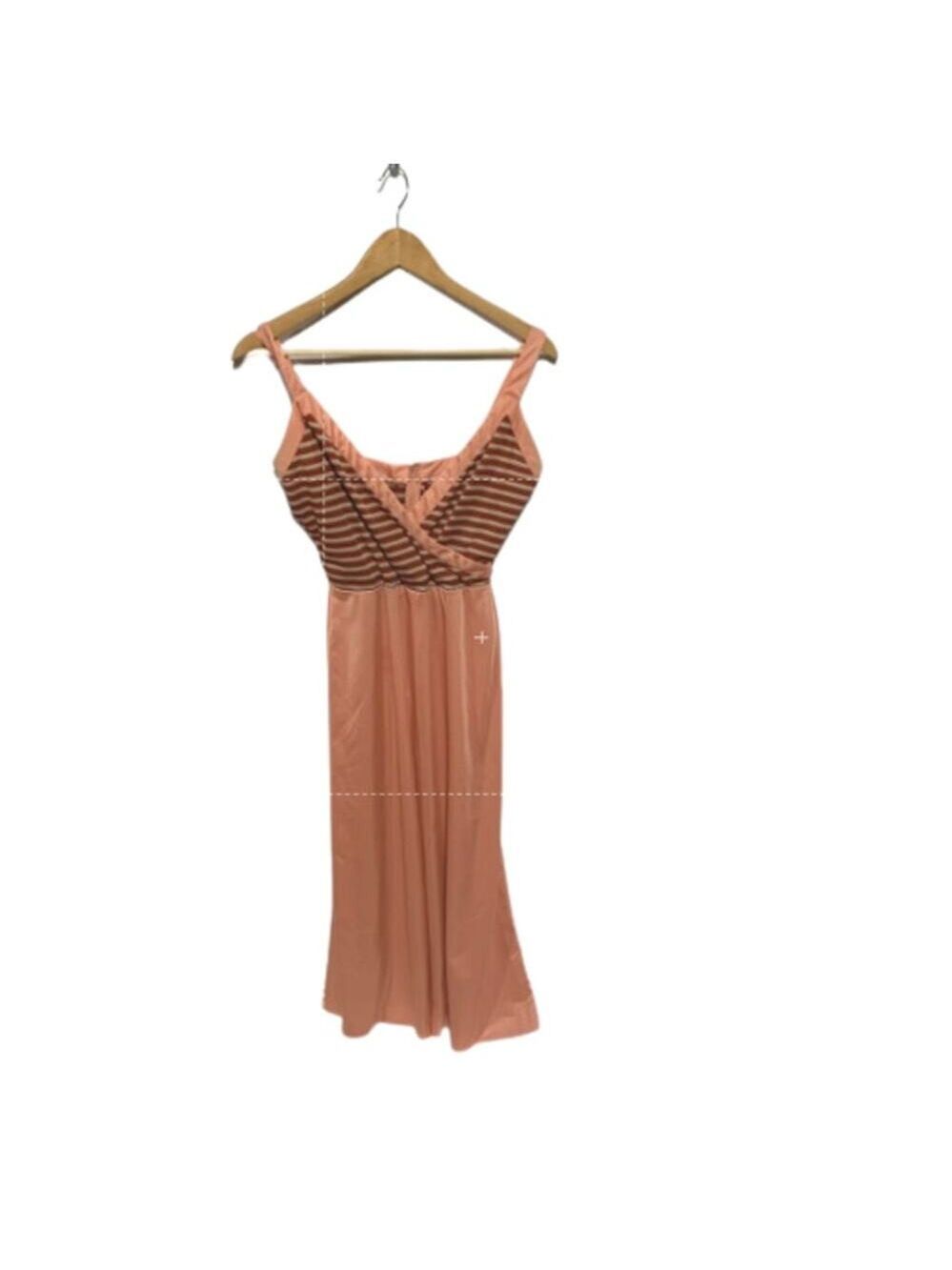 Vintage 1970's Women's Disco Peach With Brown Striped Maxi Dress Size Small